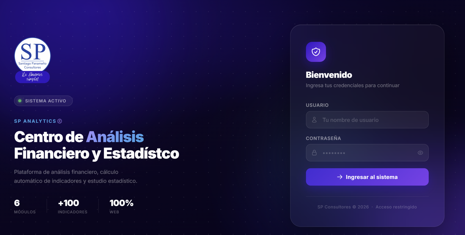 Pantalla de acceso a SP Analytics — Centro de Análisis Financiero y Estadístico